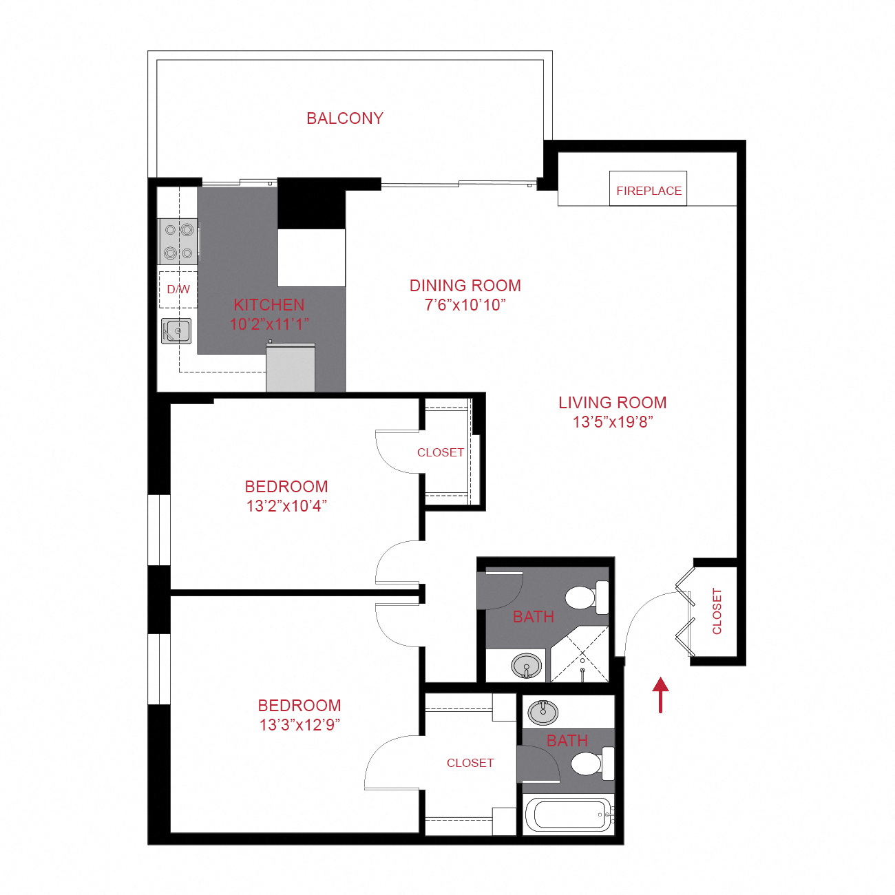 Floor plan for 2 beds, 2 baths, 995 sqft
